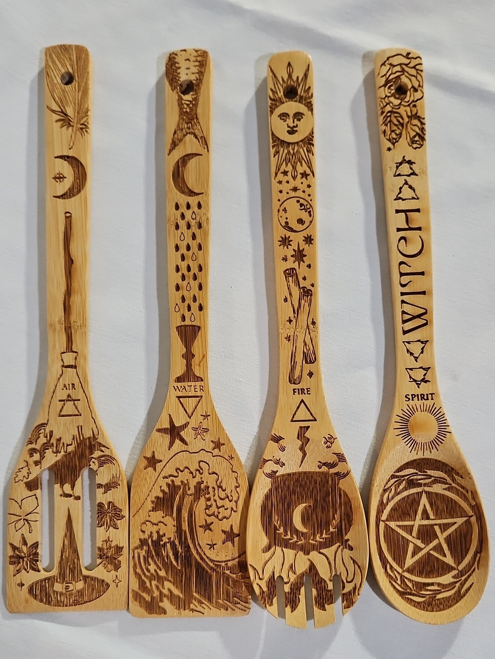 The Elements Bamboo Large Kitchen Utensils Set, Featuring Laser Engraving